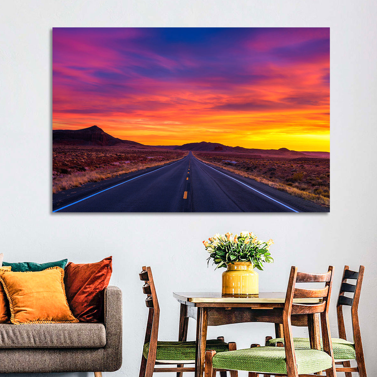 Infinite Desert Road Sunset Wall Art in a room, landscape