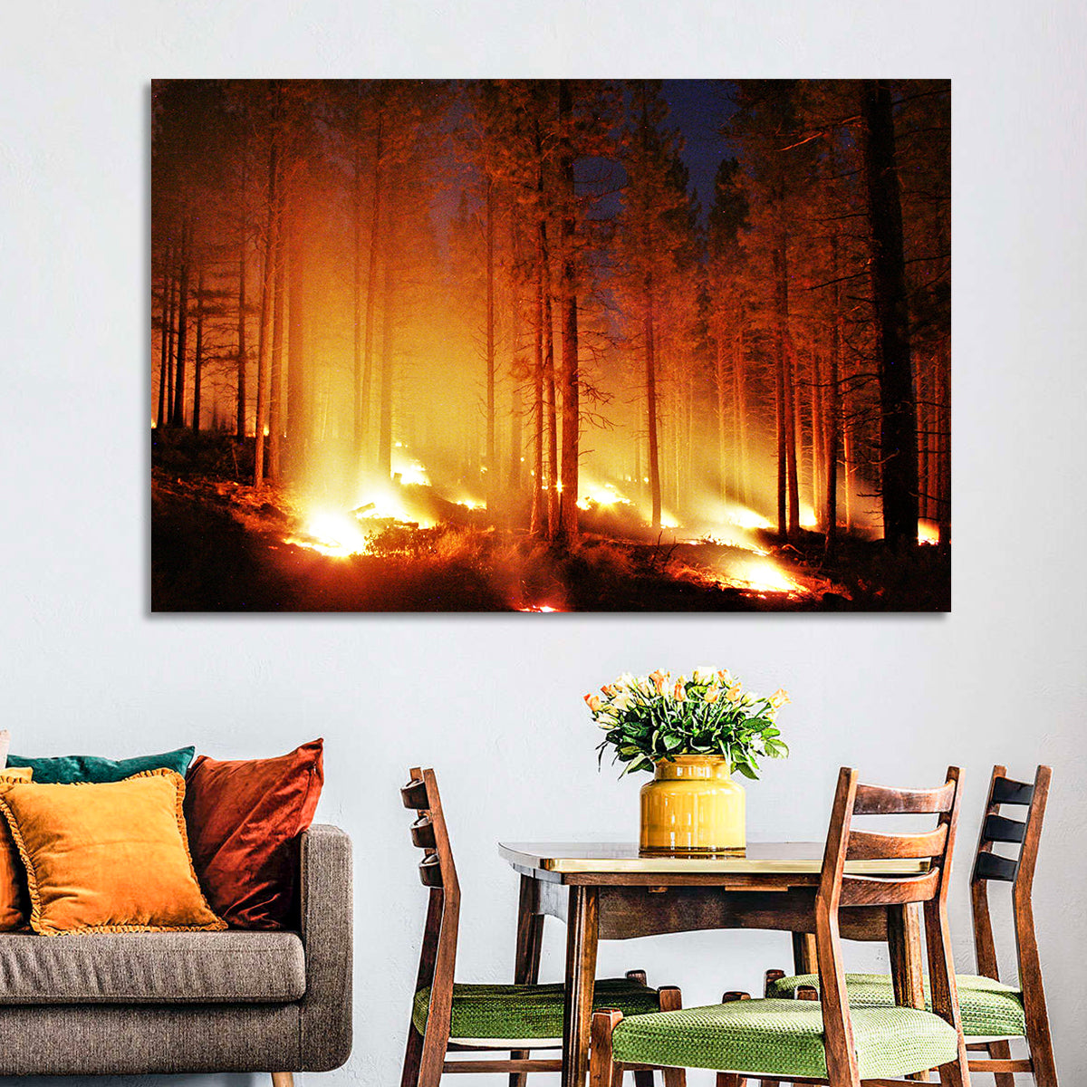 Night Forest Fire Wall Art in a room, landscape