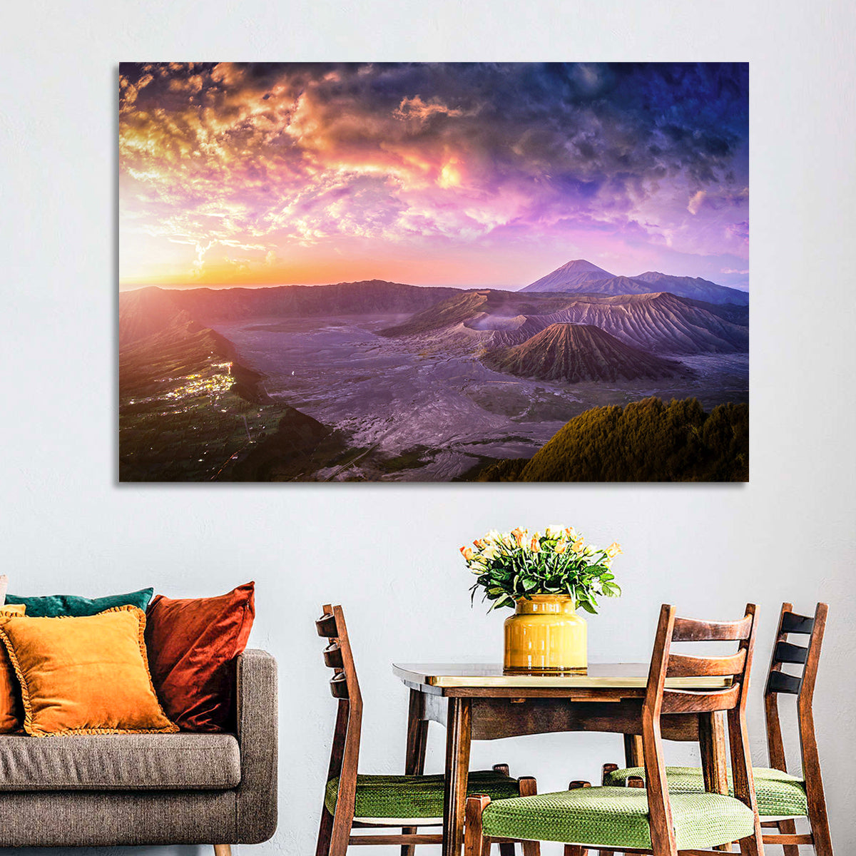 Mount Bromo Sunset View Wall Art in a room, landscape