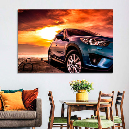 Suv on Pier at Sunset Wall Art
