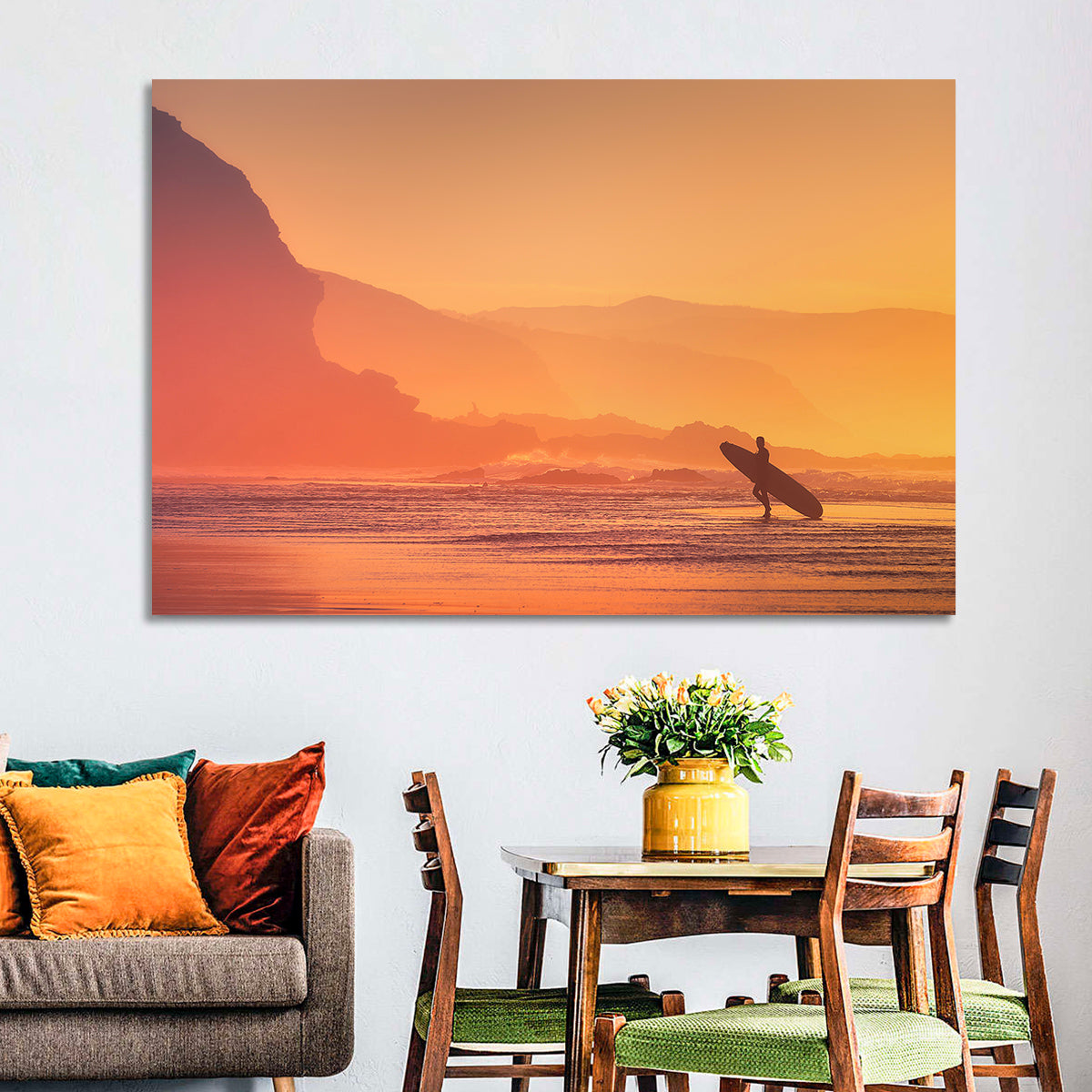 Surfer Silhouette at Golden Sunset Wall Art