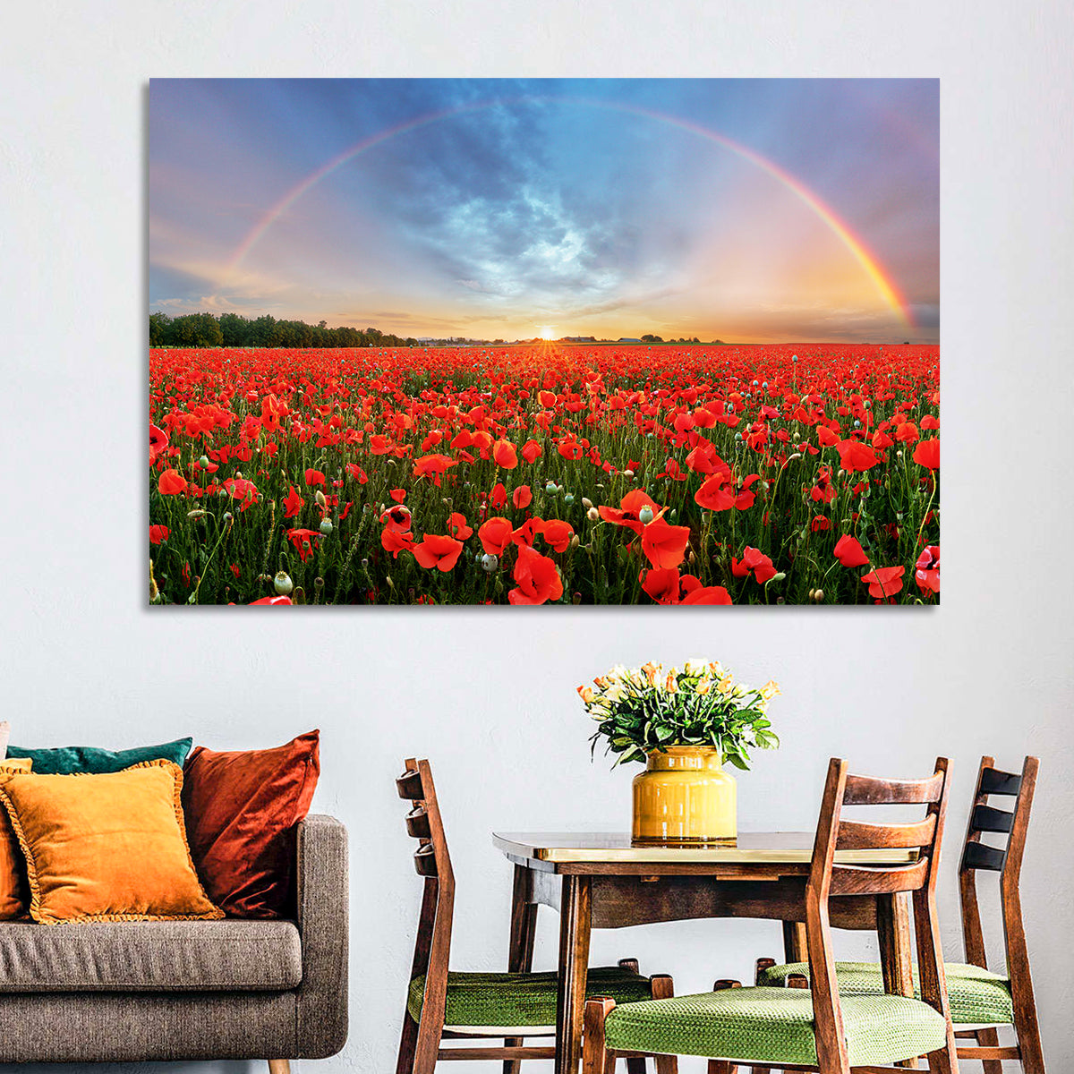 Poppy Field with Double Rainbow Wall Art