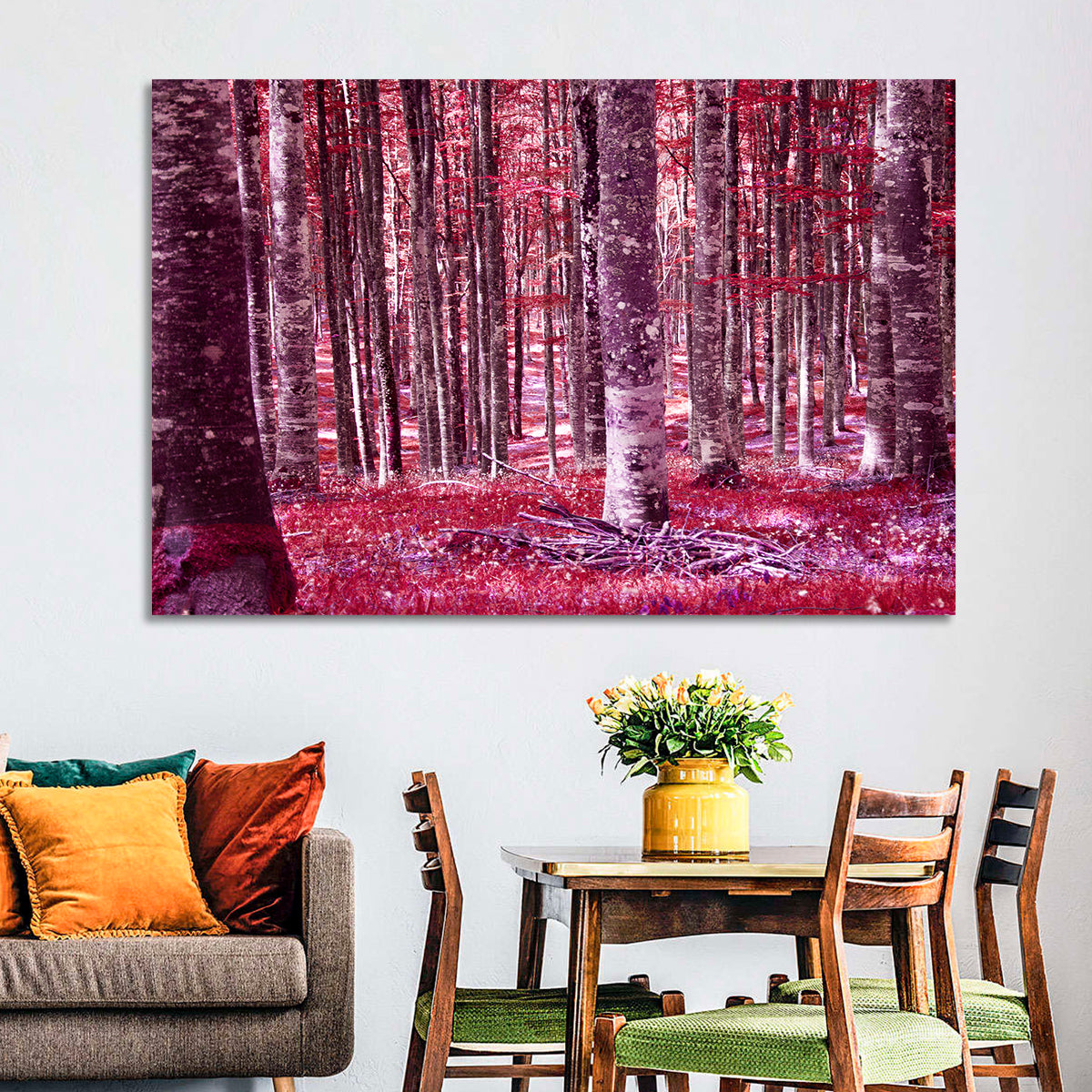 Crimson Woodland Wall Art in a room, landscape