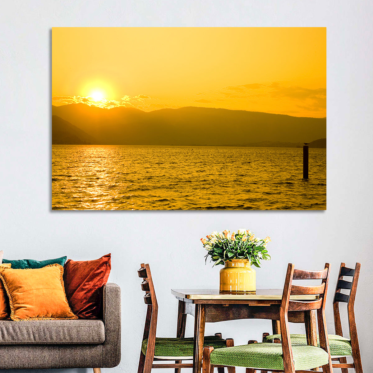 Lake Chelan Sunset Wall Art in a room, landscape