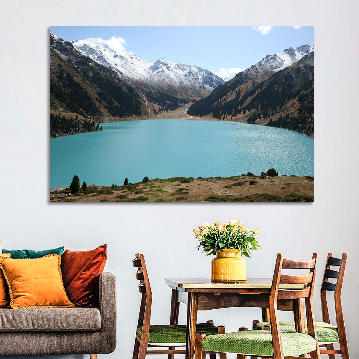 Big Almaty Lake Wall Art in a room, landscape