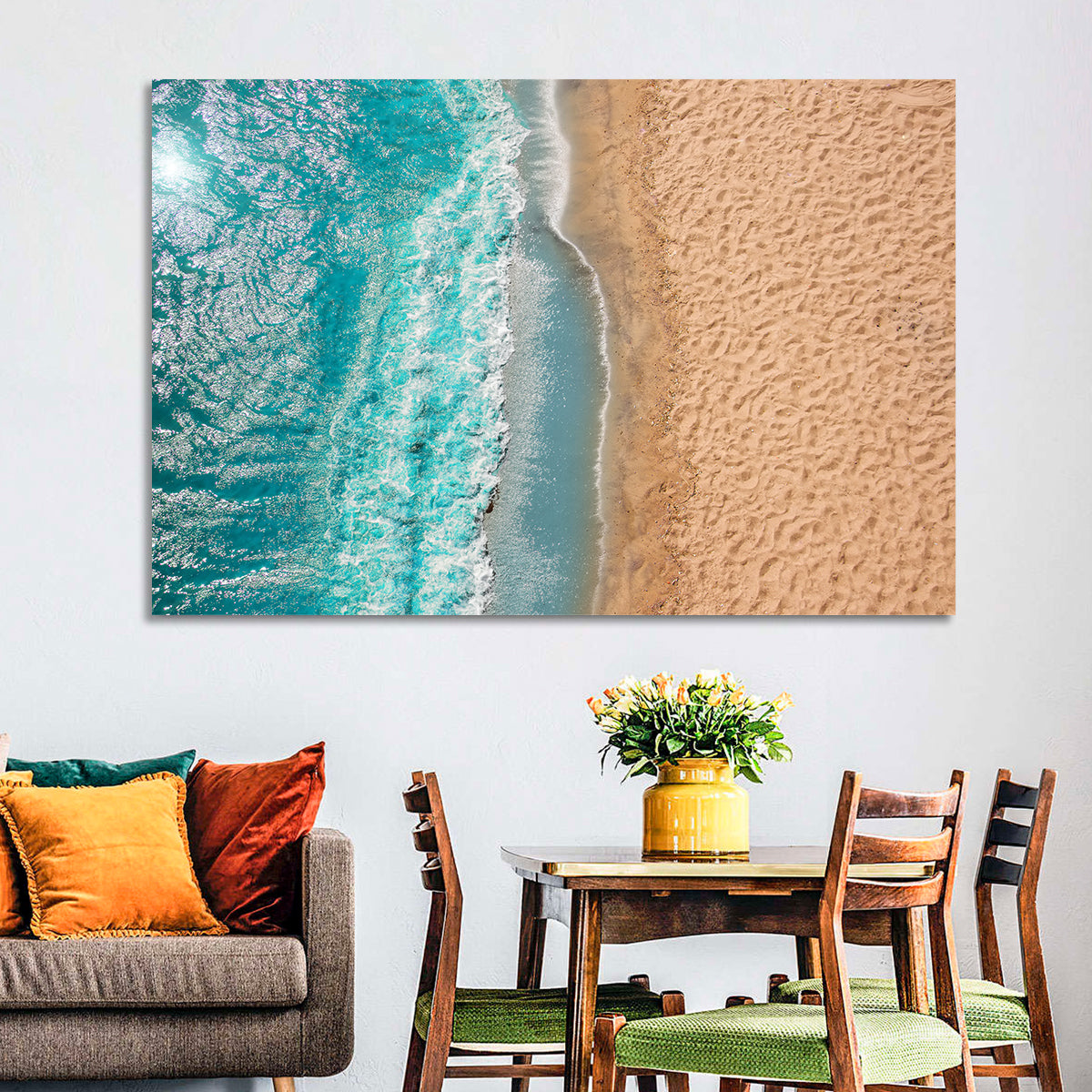 Turquoise Coastline Aerial Wall Art in a room, landscape