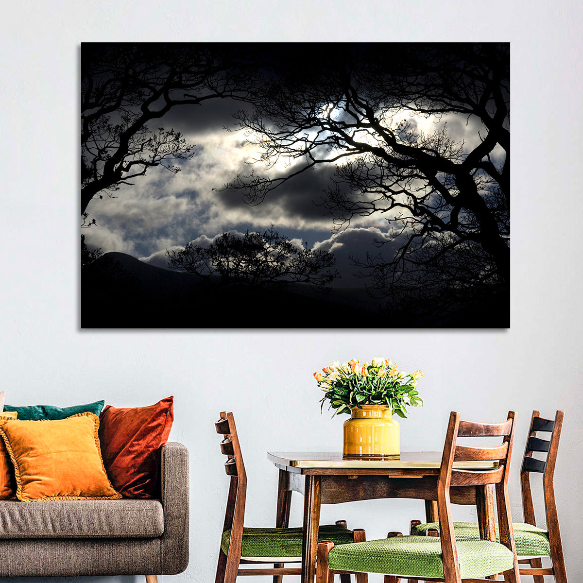 Storm Clouds Over Silhouetted Trees Wall Art in a room, landscape