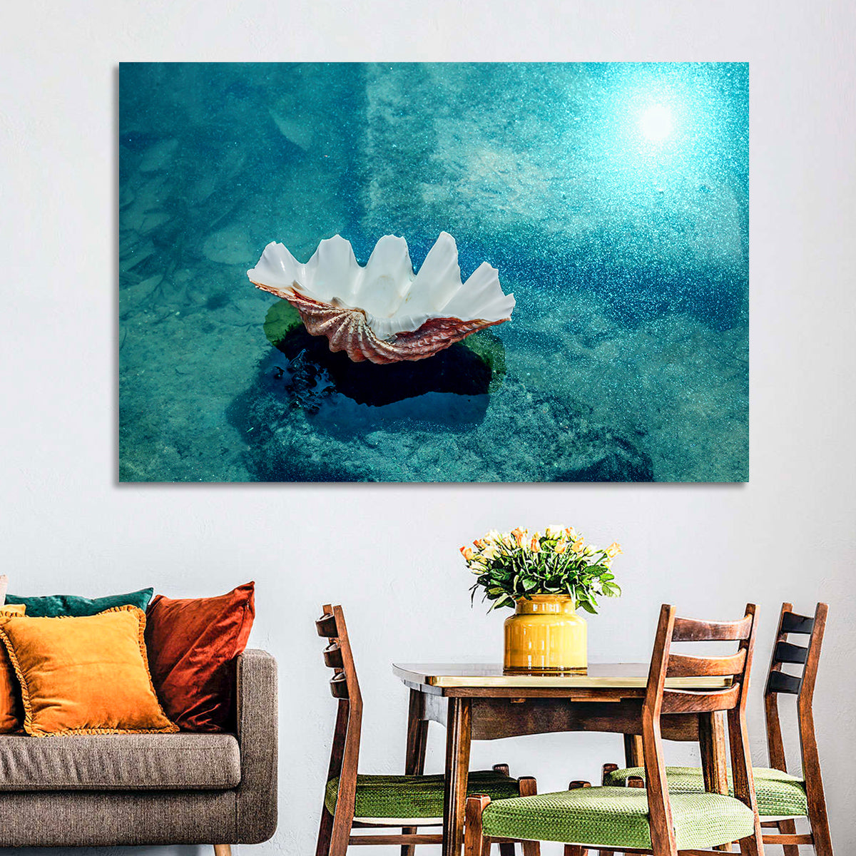 Giant Clam Shell Wall Art in a room, landscape
