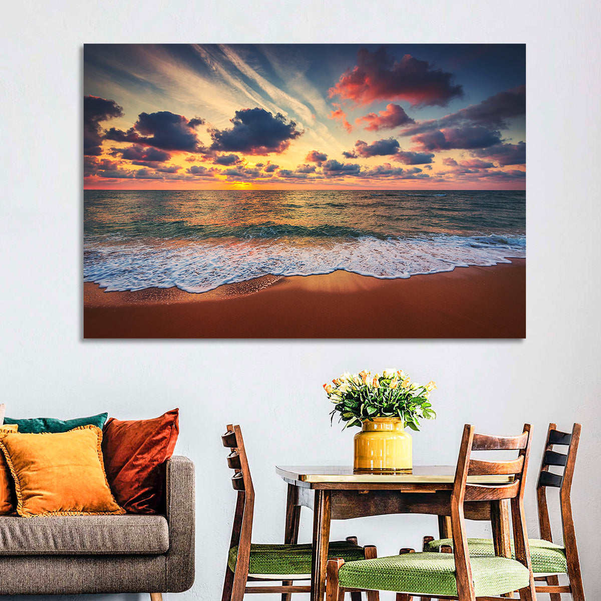 Golden Hour Beach Waves Under Cloudy Sky Wall Art in a room, landscape
