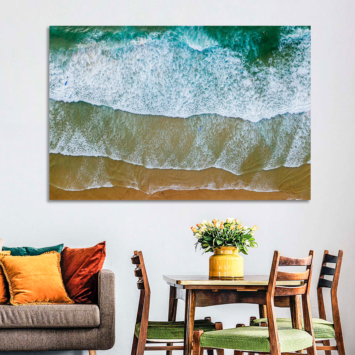 Aerial Teal Beach with Surfers Wall Art