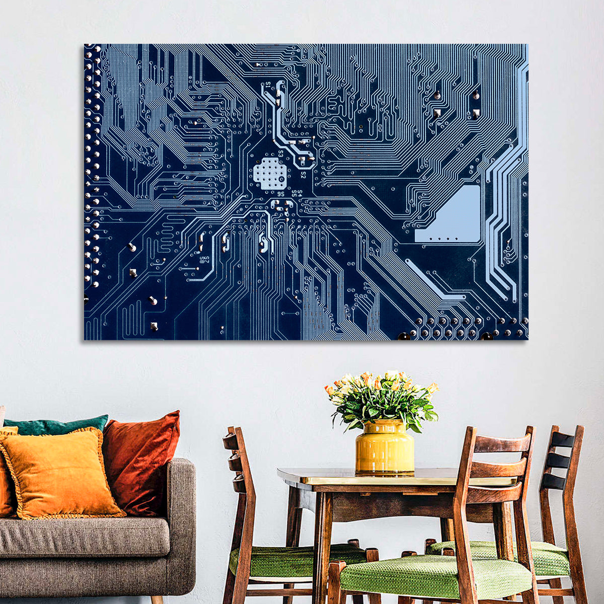 Blue Circuit Board Wall Art in a room, landscape