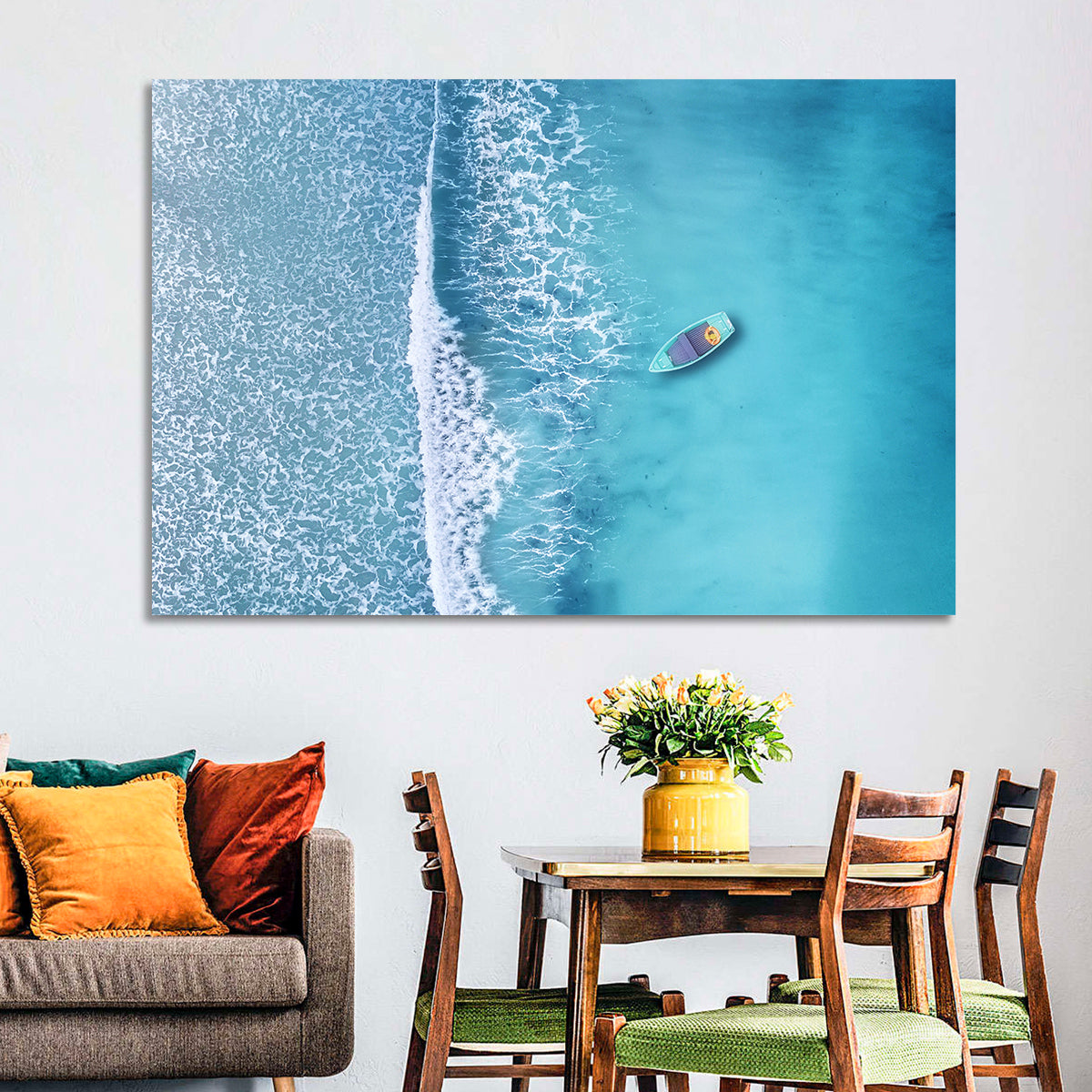 Lone Boat Over Turquoise Waves Wall Art