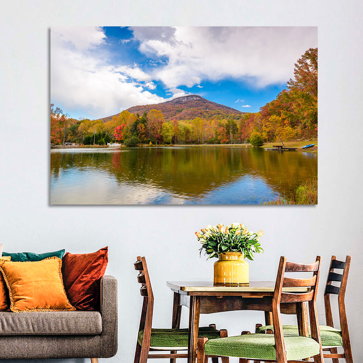 Yonah Mountain Autumn Reflection Wall Art in a room, landscape