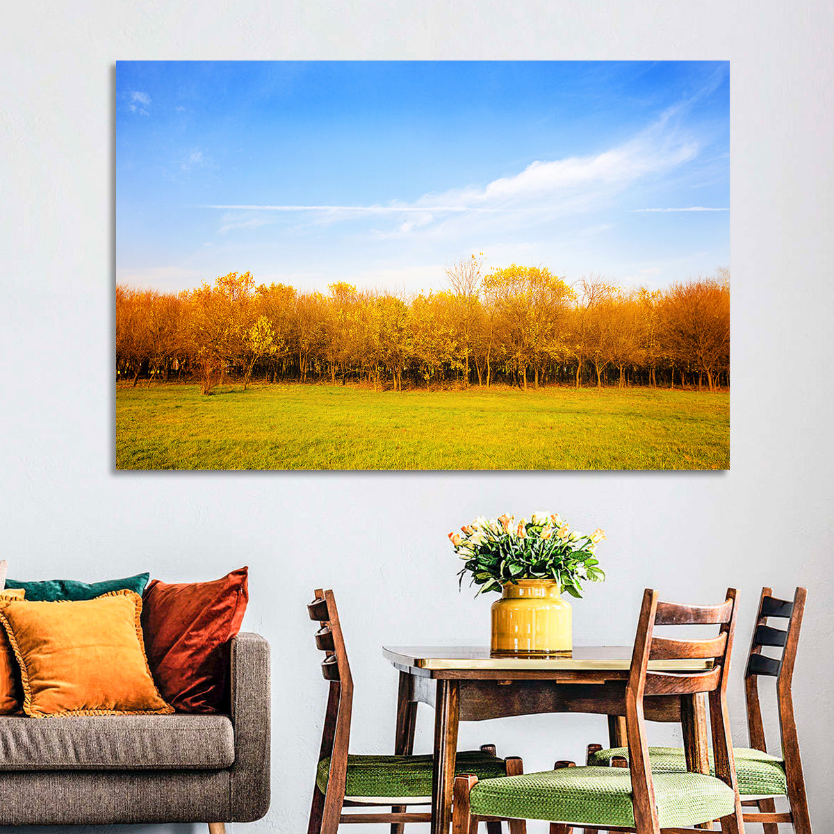 Autumn Forest Meadow Wall Art in a room, landscape