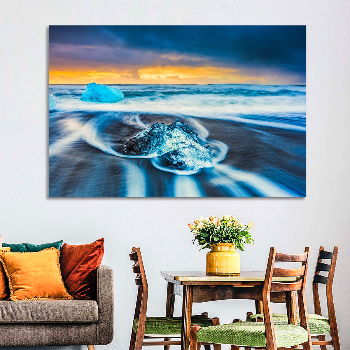 Diamond Beach Ice at Dusk Wall Art in a room, landscape