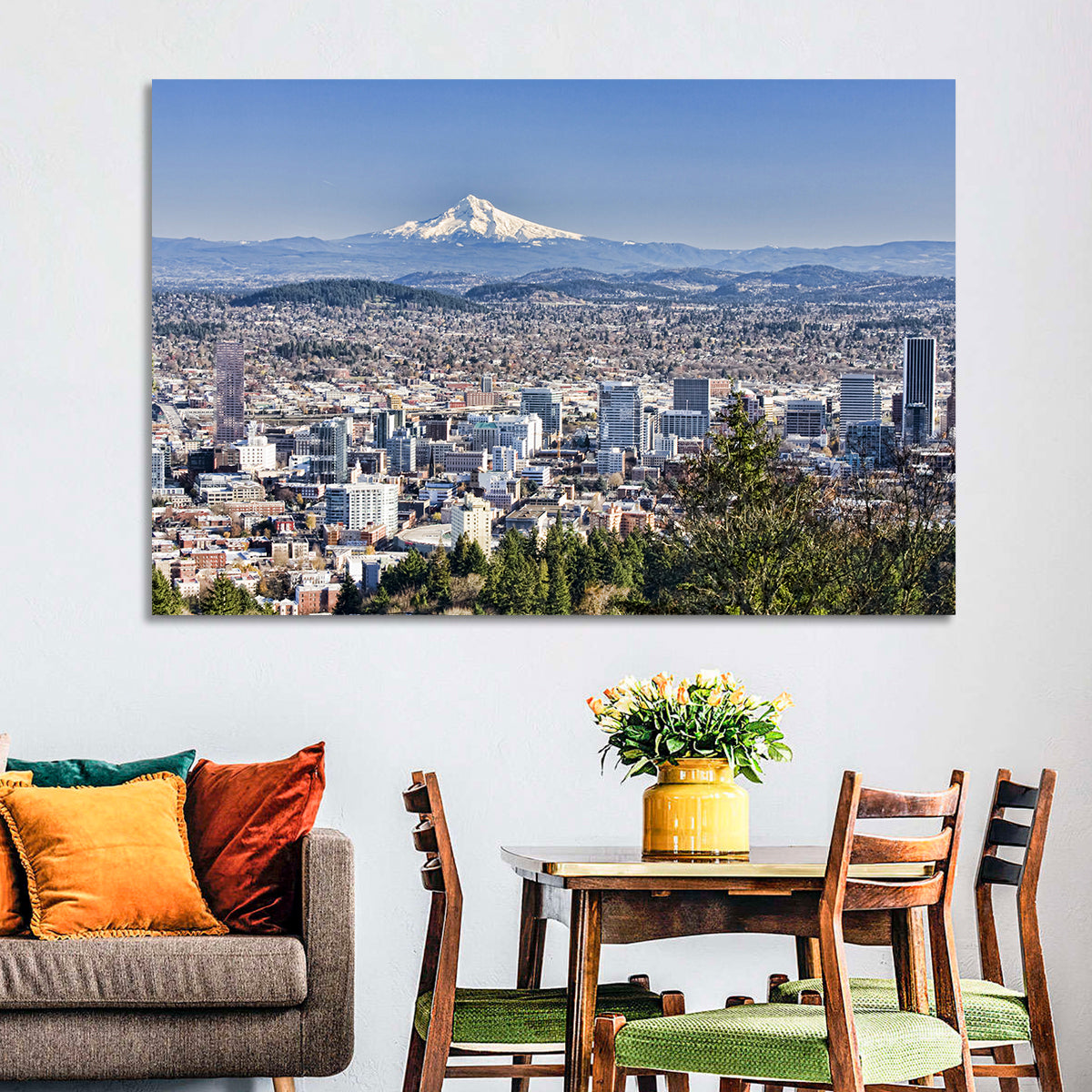 Portland Skyline with Mount Hood Wall Art in a room, landscape