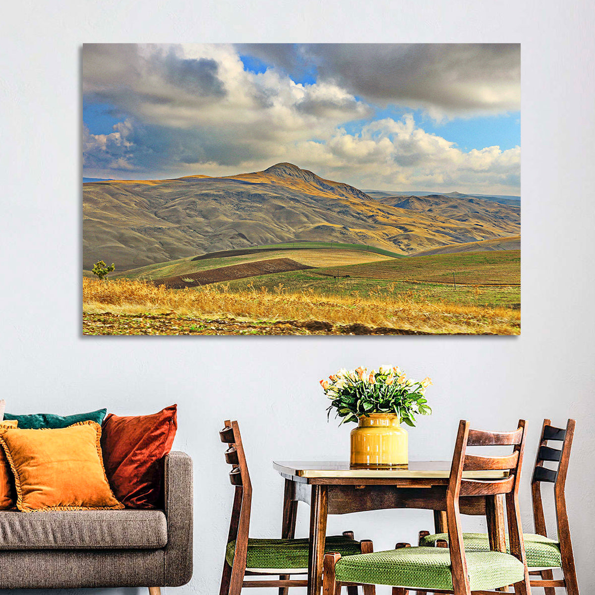 Shamakhi Valley Harvest Fields Wall Art in a room, landscape