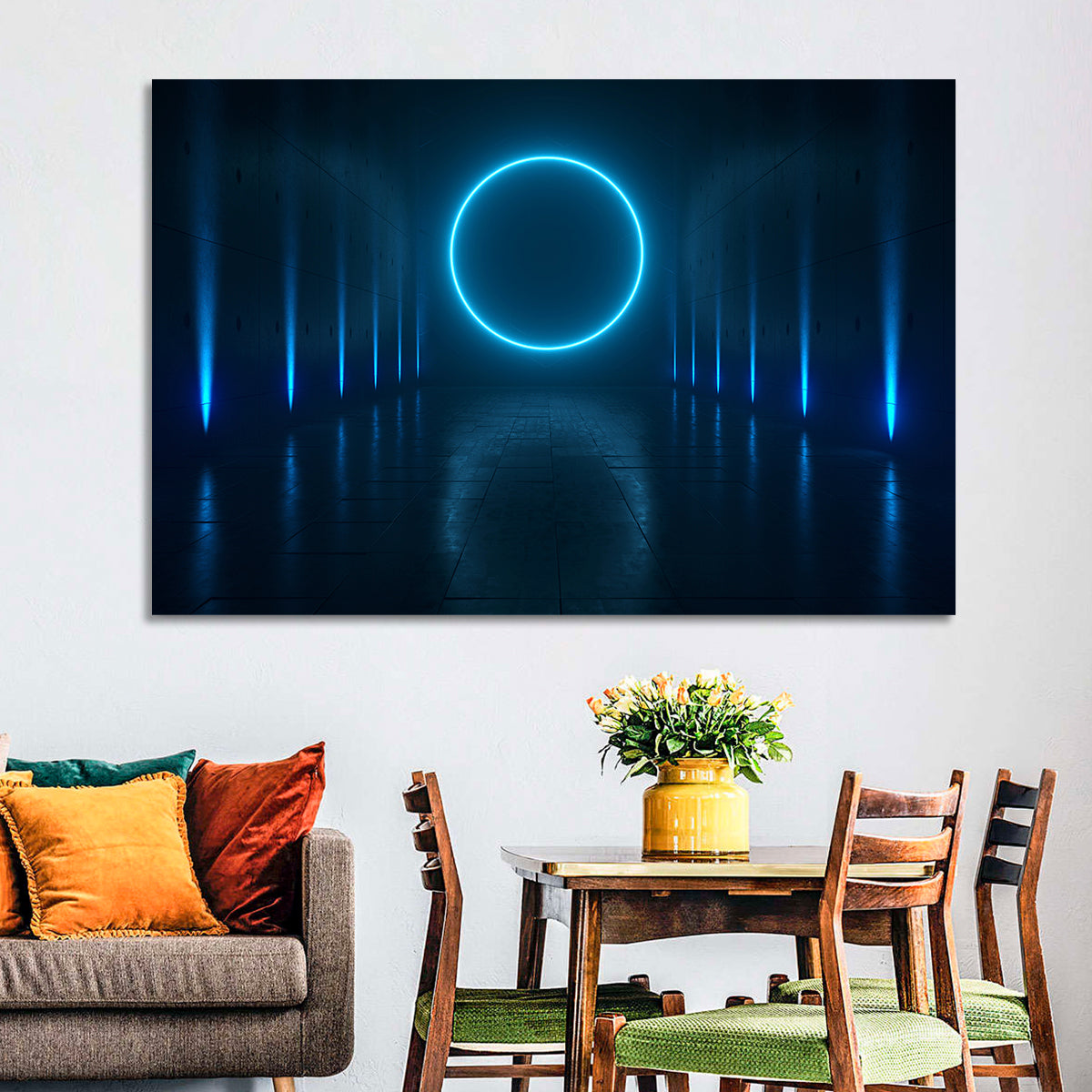 Glowing Neon Corridor Wall Art in a room, landscape
