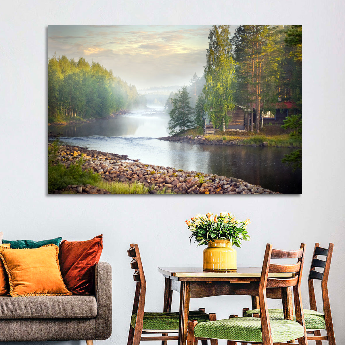 Misty River with Red Roof Cabin Wall Art