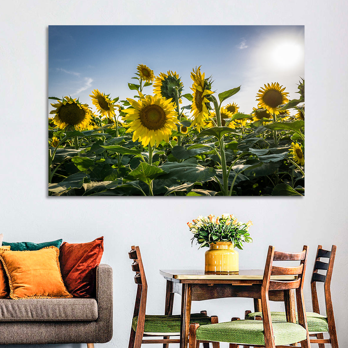 Backlit Sunflower Field Wall Art in a room, landscape