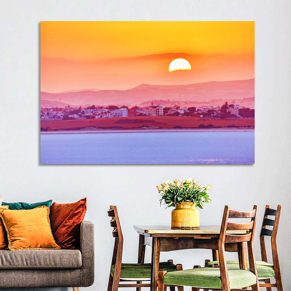 Golden Salt Lake Sunset Wall Art in a room, landscape