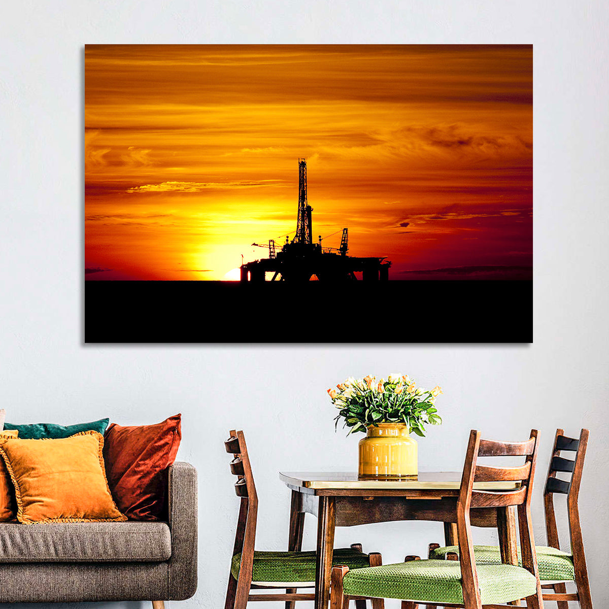 Offshore Oil Rig at Sunset Wall Art in a room, landscape