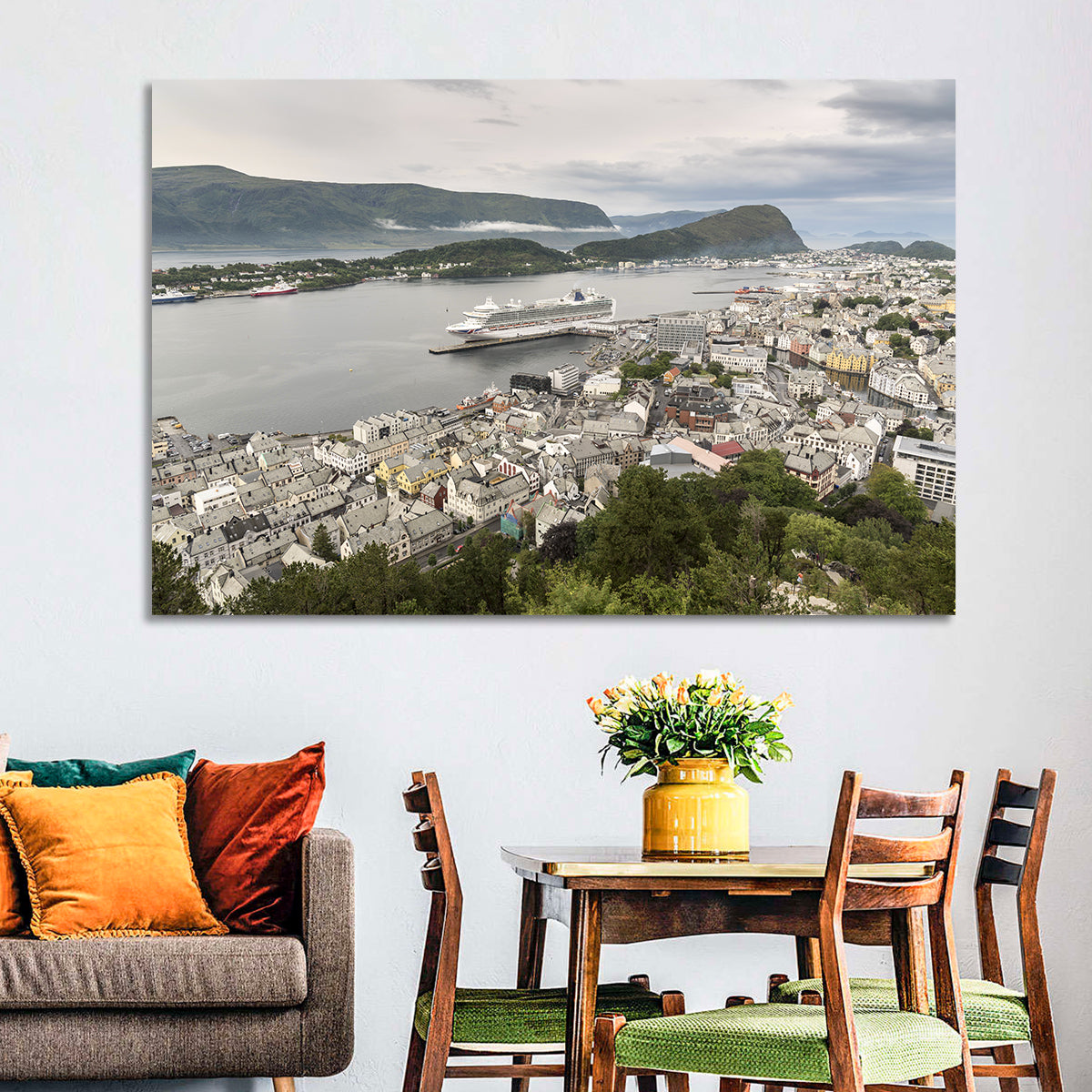 Alesund Harbor Cityscape Wall Art in a room, landscape