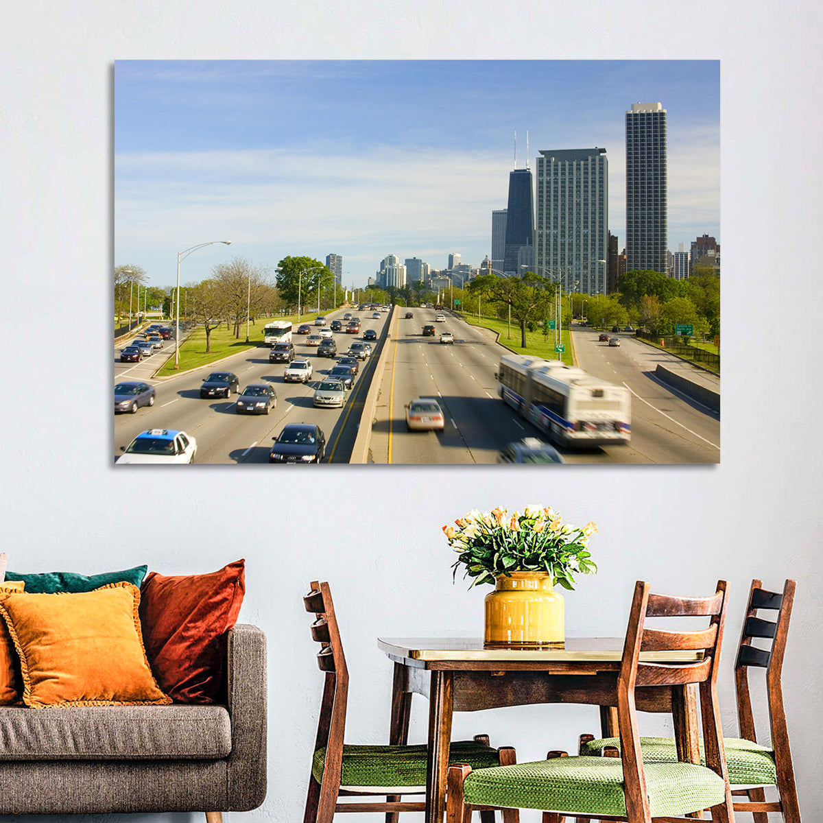 Chicago Expressway Toward Downtown Skyline Wall Art in a room, landscape