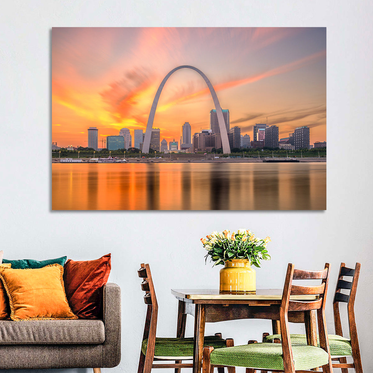 St. Louis Gateway Arch Skyline Wall Art in a room, landscape