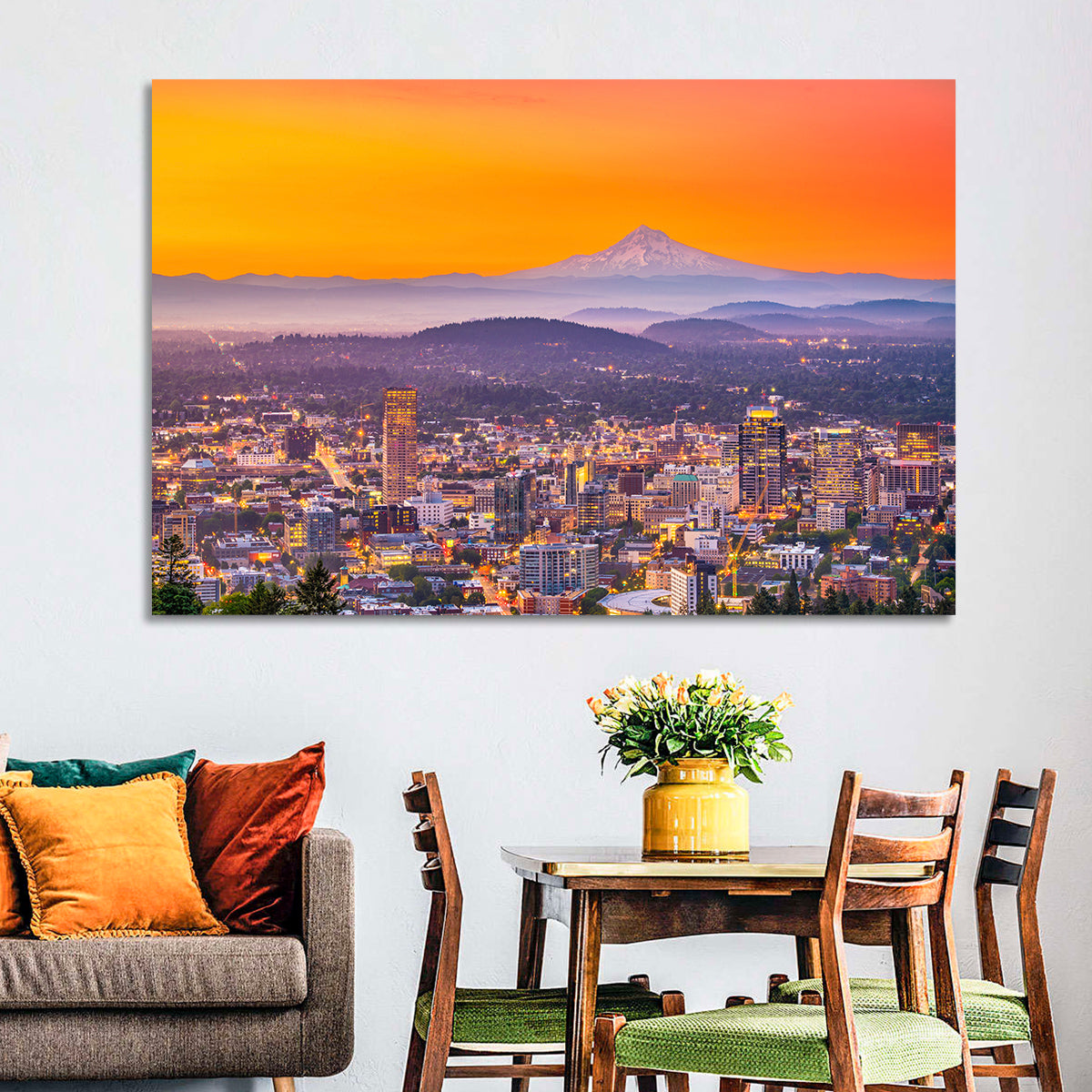 Mount Hood Over Portland Skyline Wall Art in a room, landscape