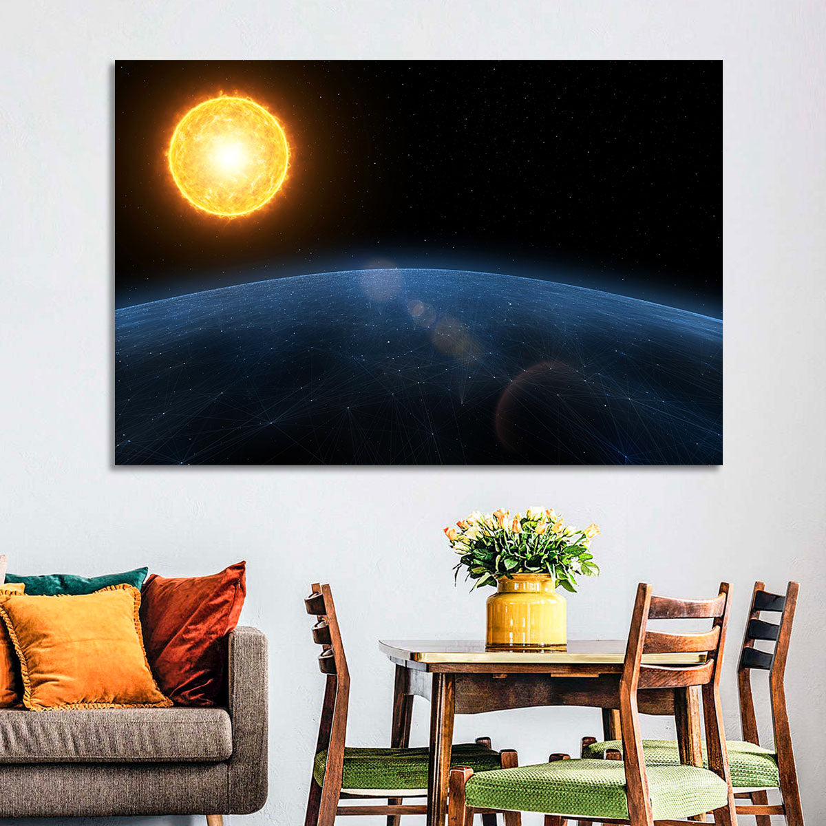 Alien Planet and Sun Wall Art in a room, landscape