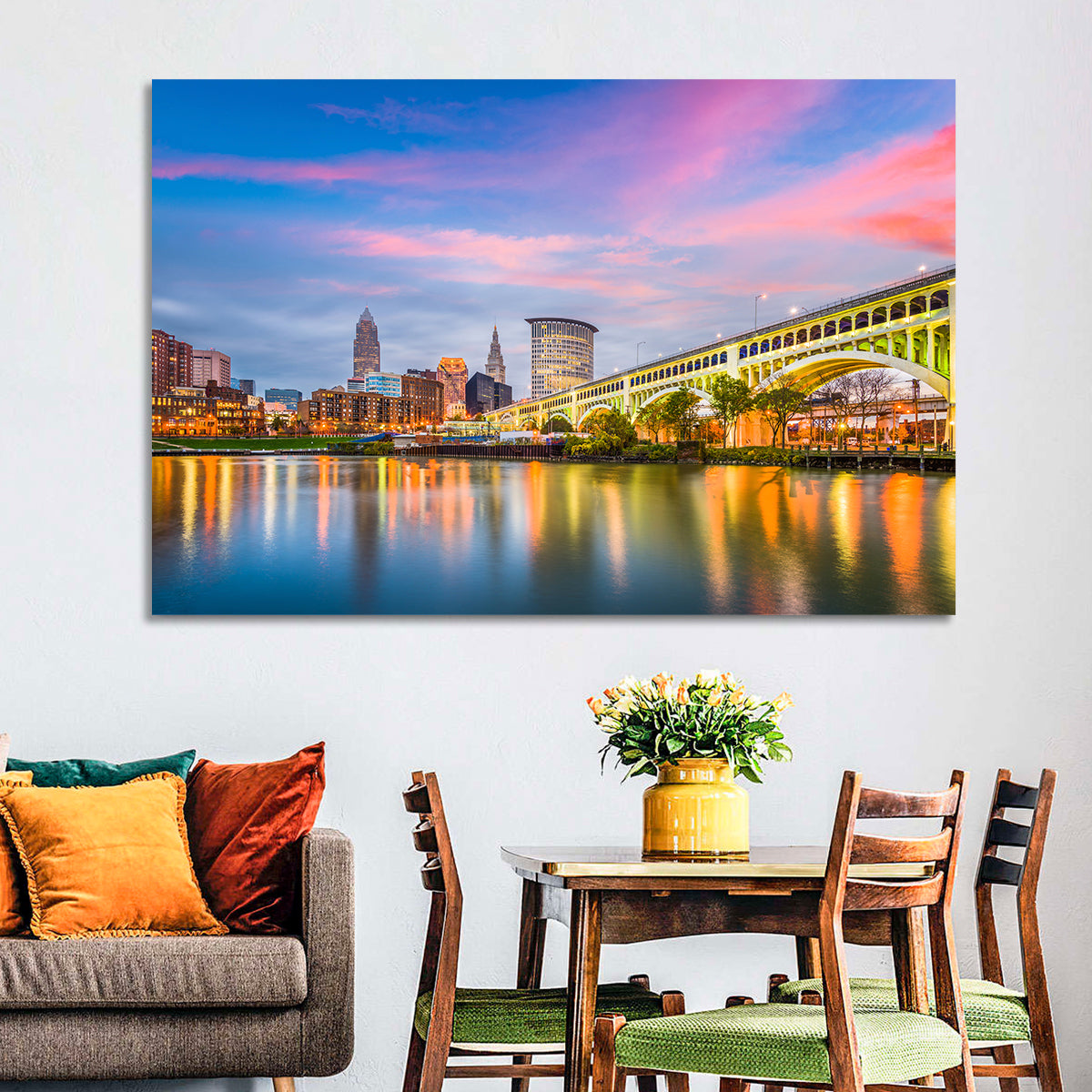 Cleveland Skyline at Dusk Wall Art in a room, landscape