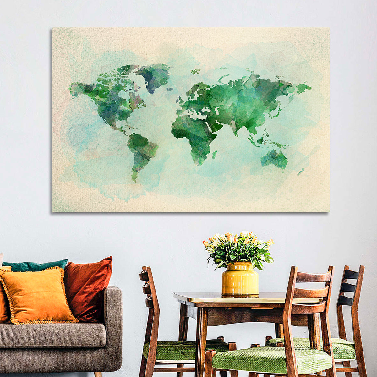 Green Watercolor World Map Wall Art