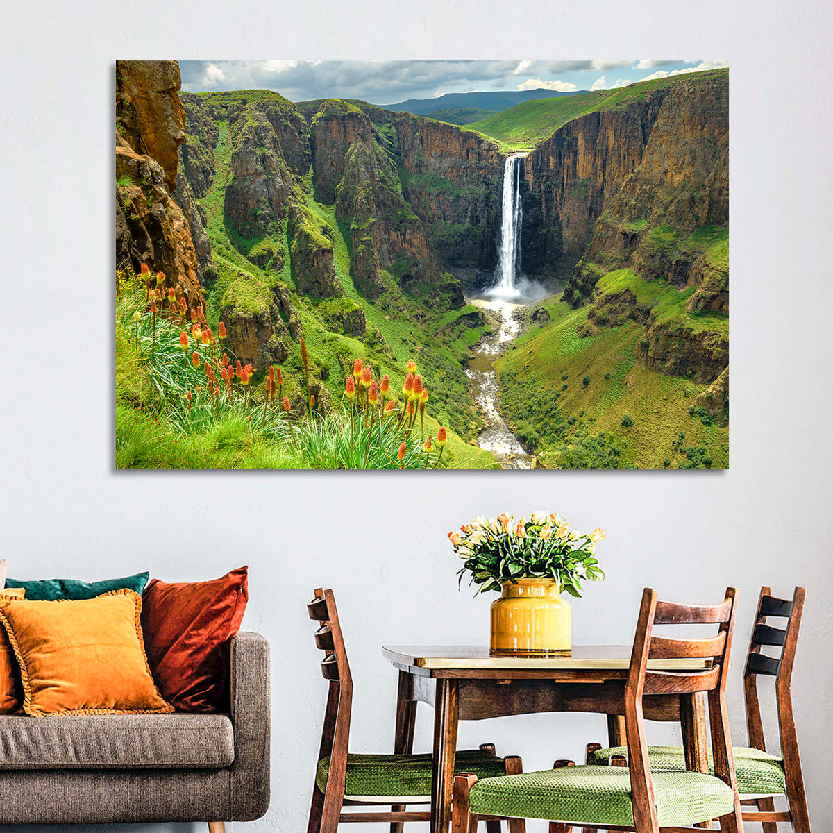 Maletsunyane Falls with Torch Lilies Wall Art in a room, landscape