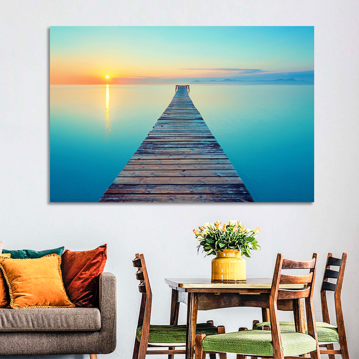 Wooden Footbridge at Sunset Wall Art in a room, landscape