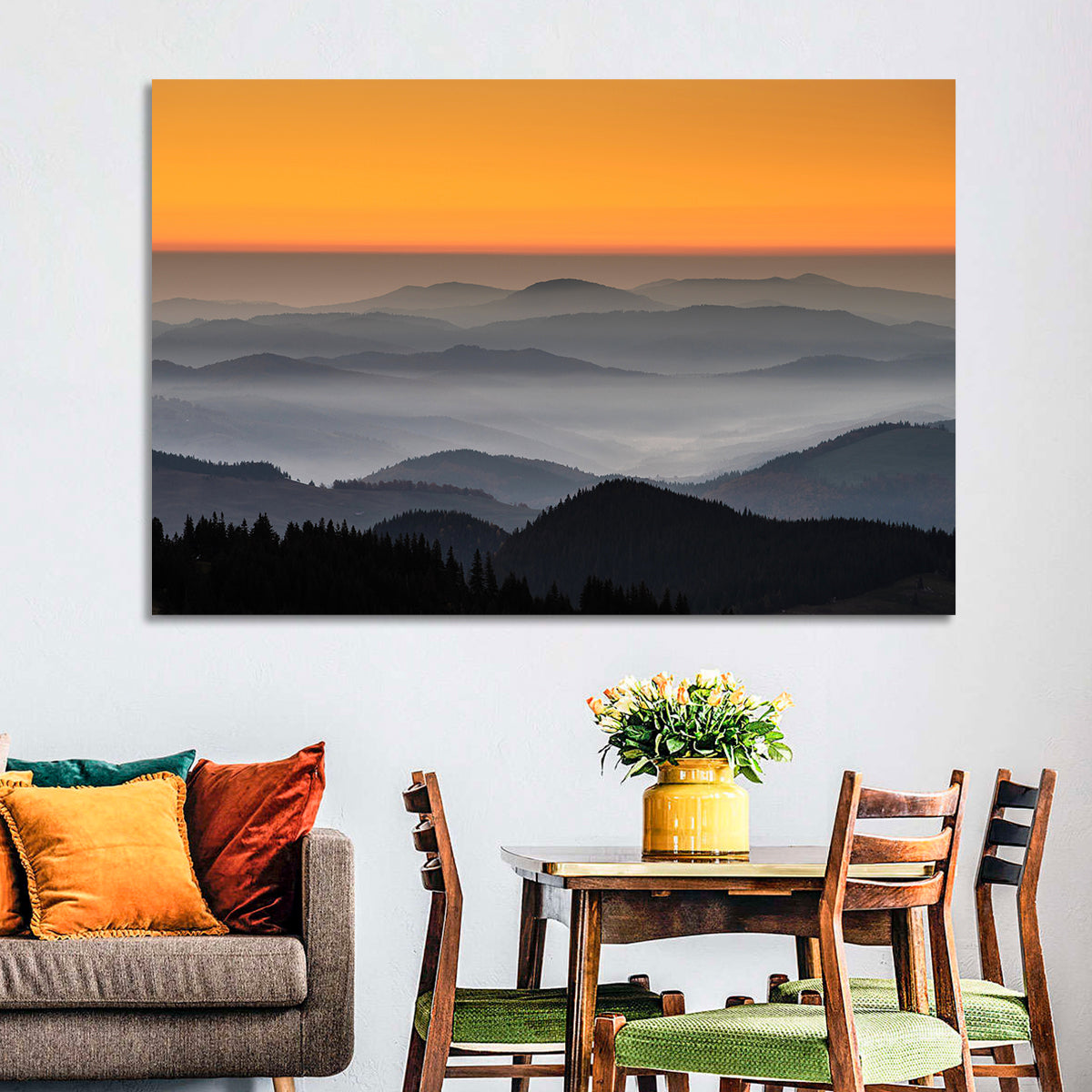 Rarau Mountains Sunrise Wall Art in a room, landscape