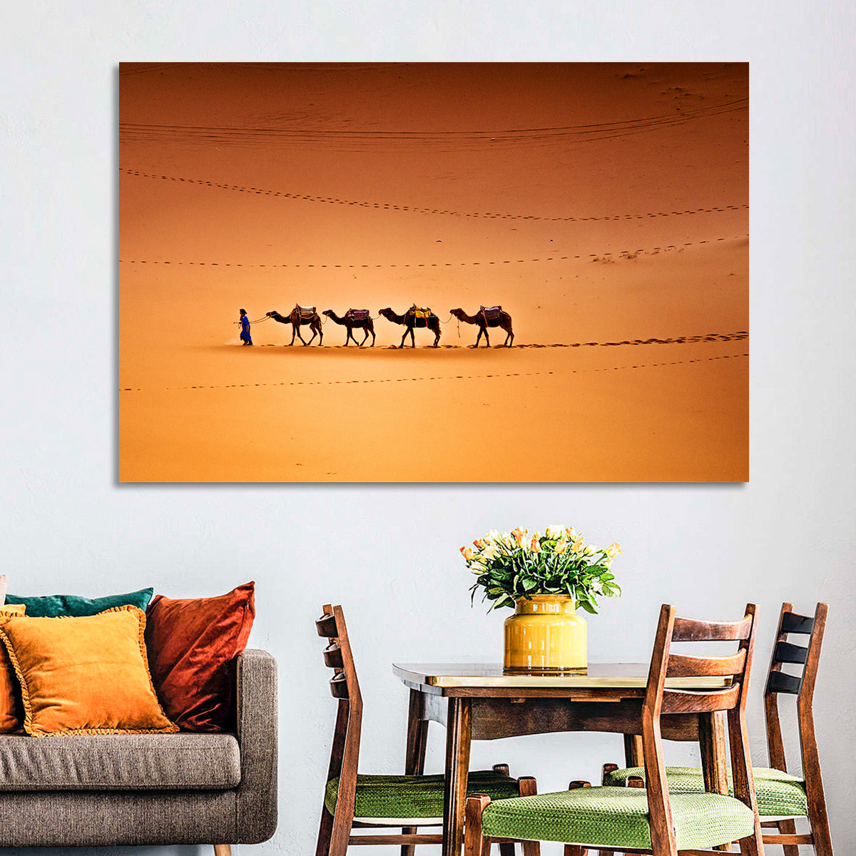 Sahara Camel Caravan Wall Art in a room, landscape