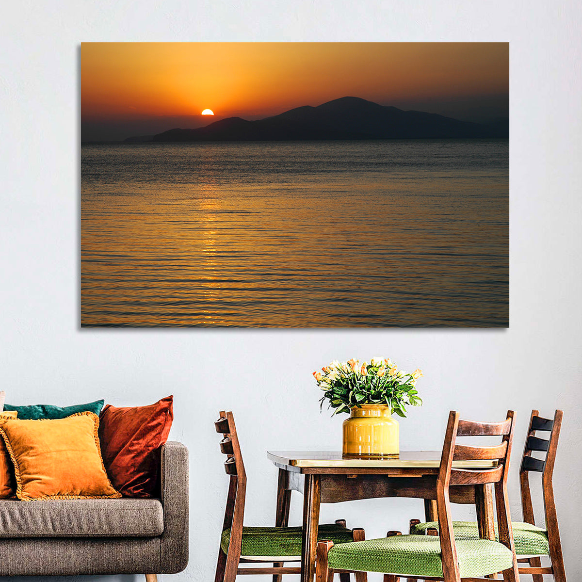 Lake Sevan Sunset Reflection Wall Art in a room, landscape