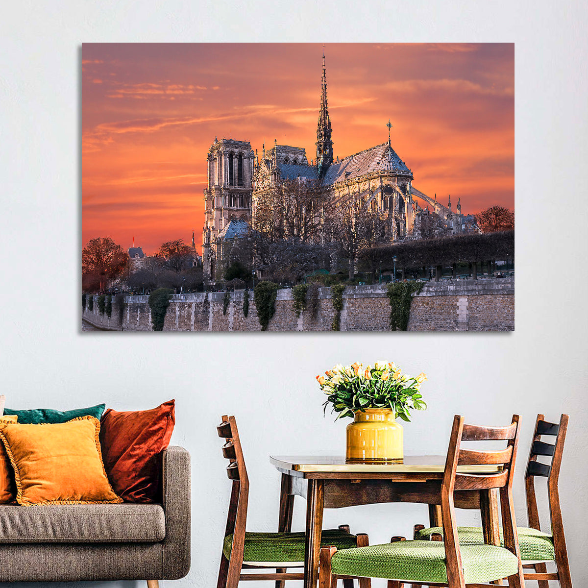 Notre-dame Cathedral at Golden Hour Wall Art in a room, landscape