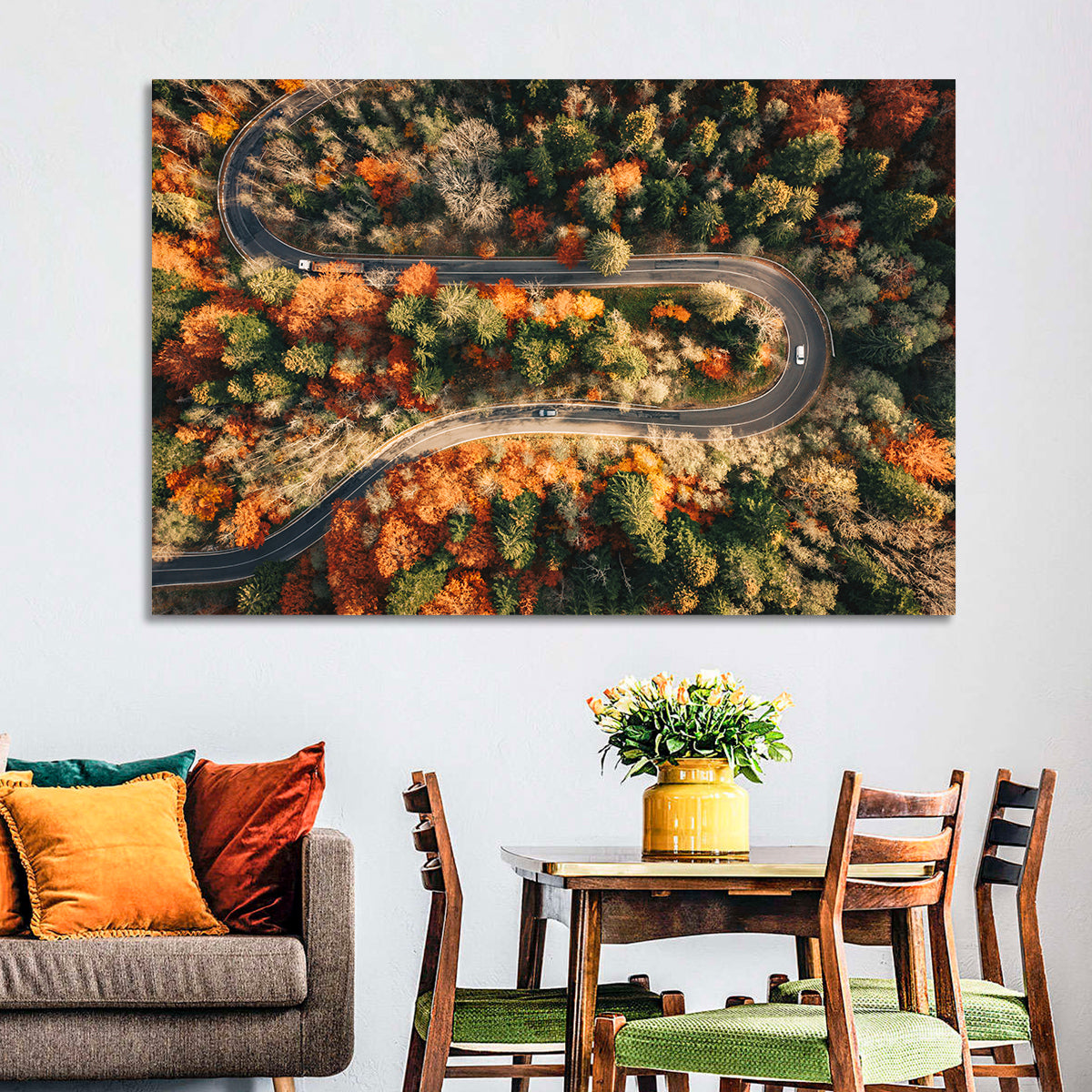Aerial Winding Autumn Forest Road Wall Art