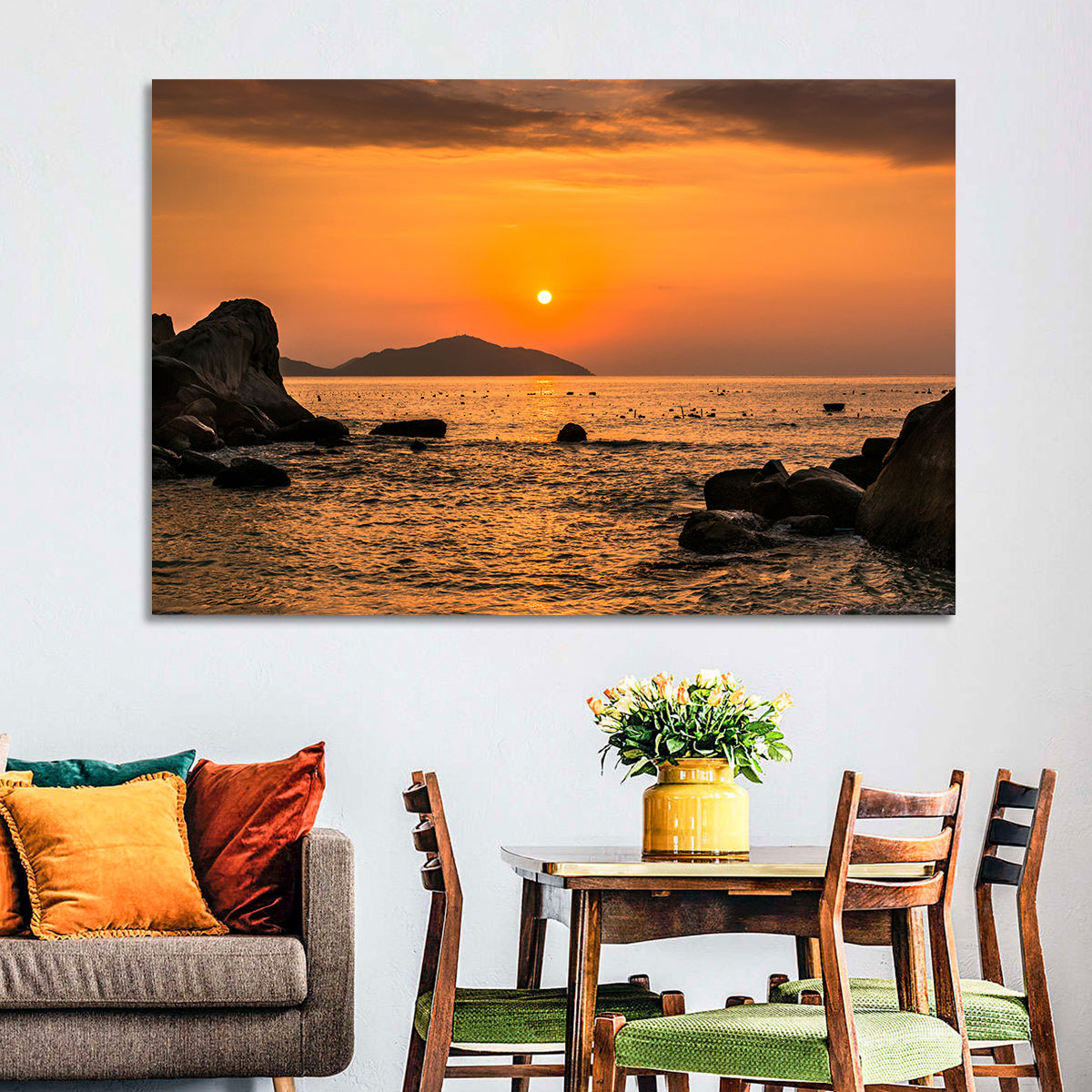 Orange Sunrise Over Rocky Coast Wall Art
