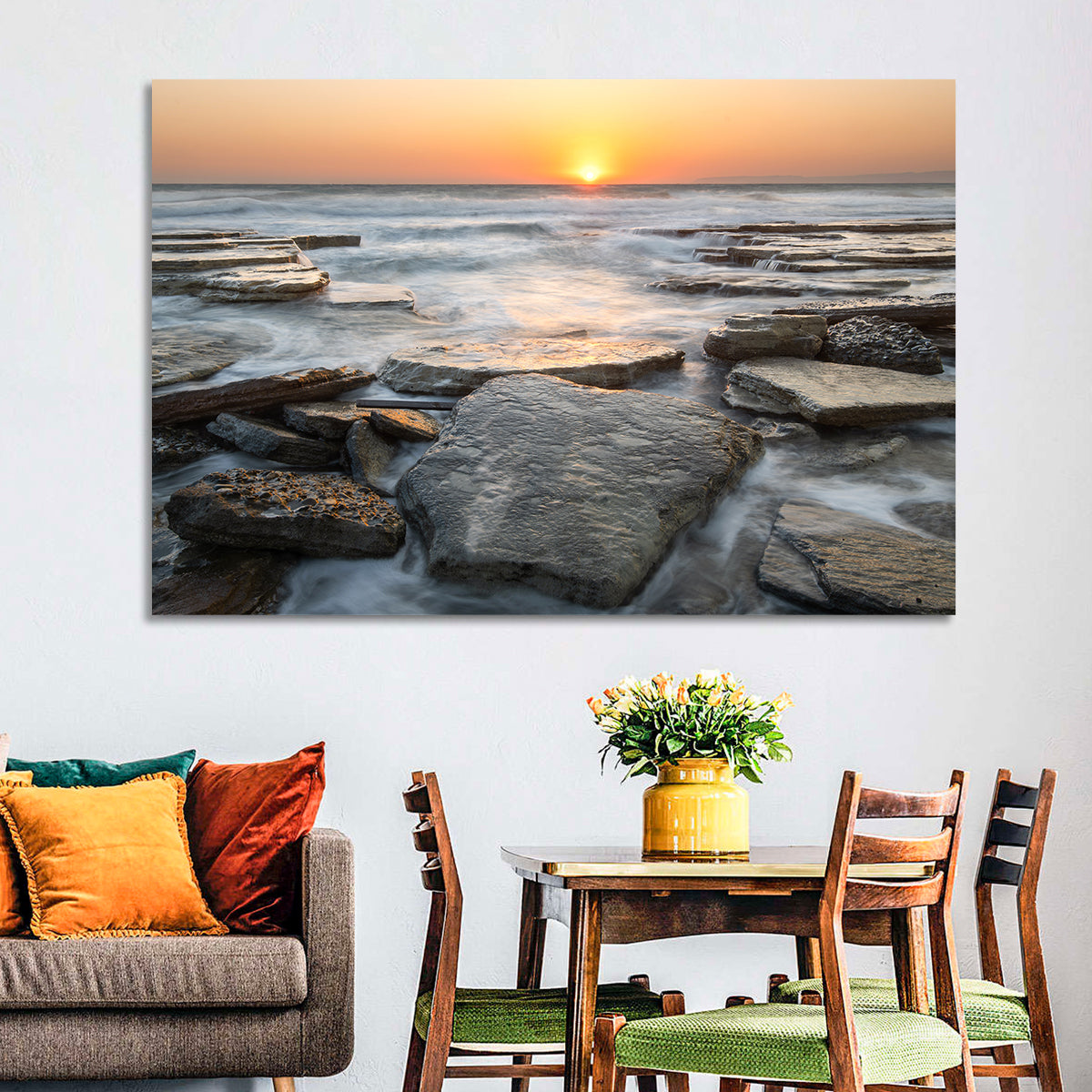 Golden Hour Rock Shoreline Sunset Wall Art in a room, landscape