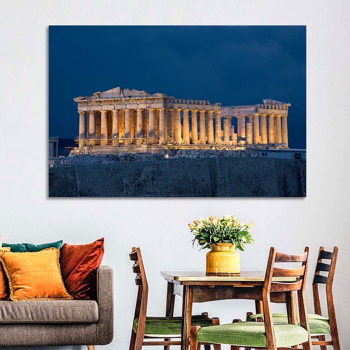 Illuminated Parthenon at Night Wall Art in a room, landscape