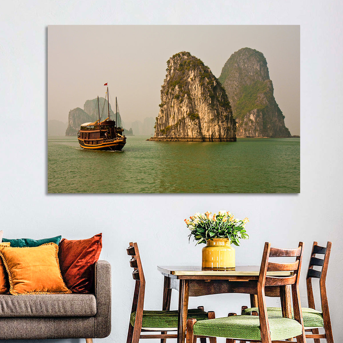 Ha Long Bay Junk Boat and Karst Cliffs Wall Art
