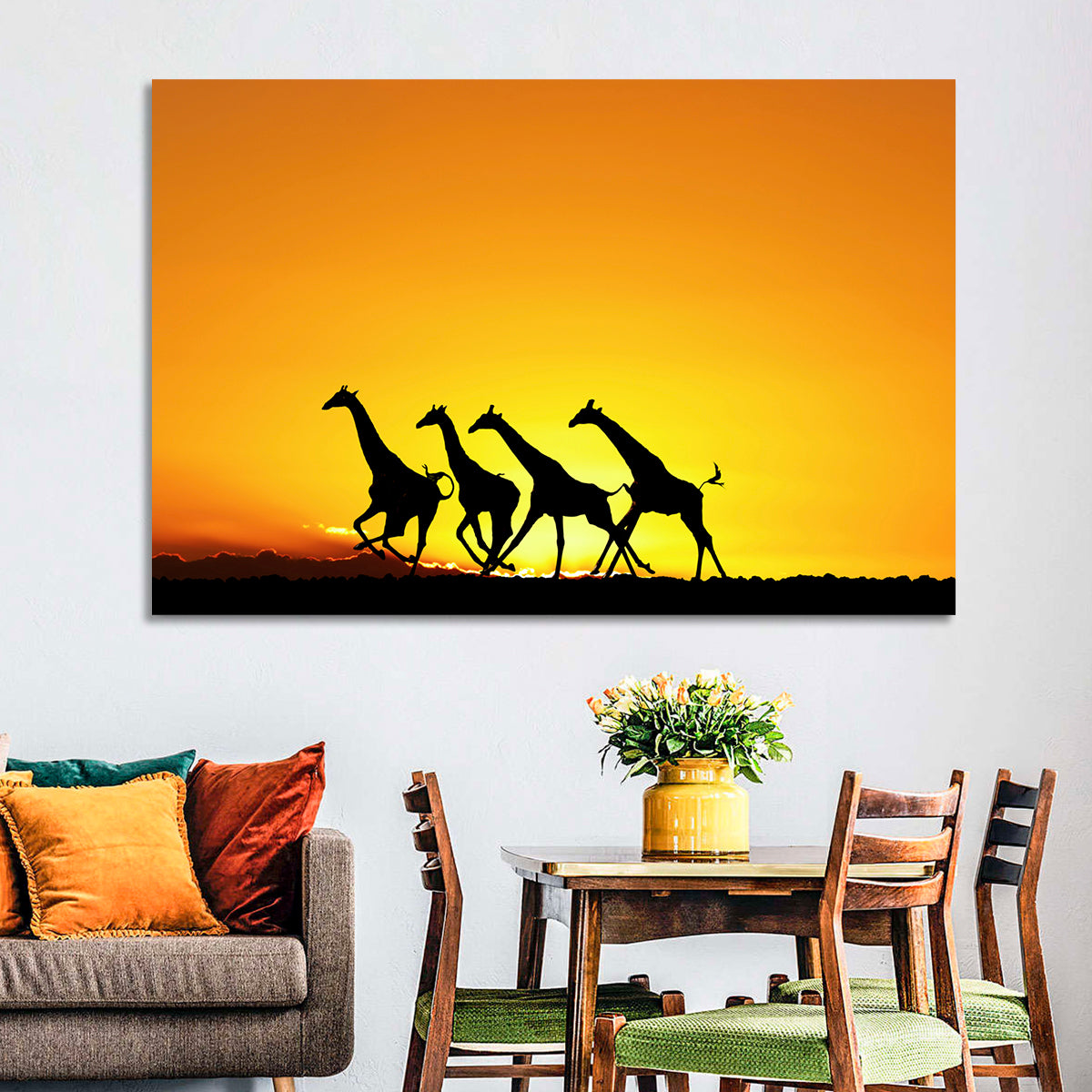 Savanna Giraffes at Sunset Wall Art in a room, landscape