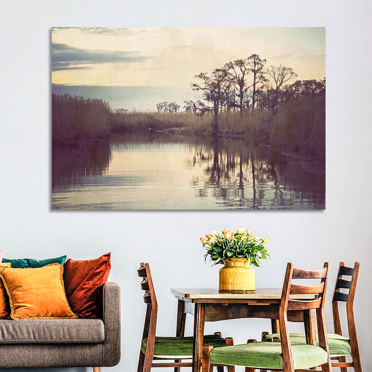 Louisiana Cypress Swamp at Dusk Wall Art in a room, landscape