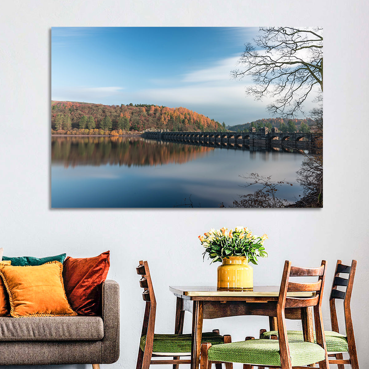Tranquil Lake Vyrnwy Wall Art in a room, landscape