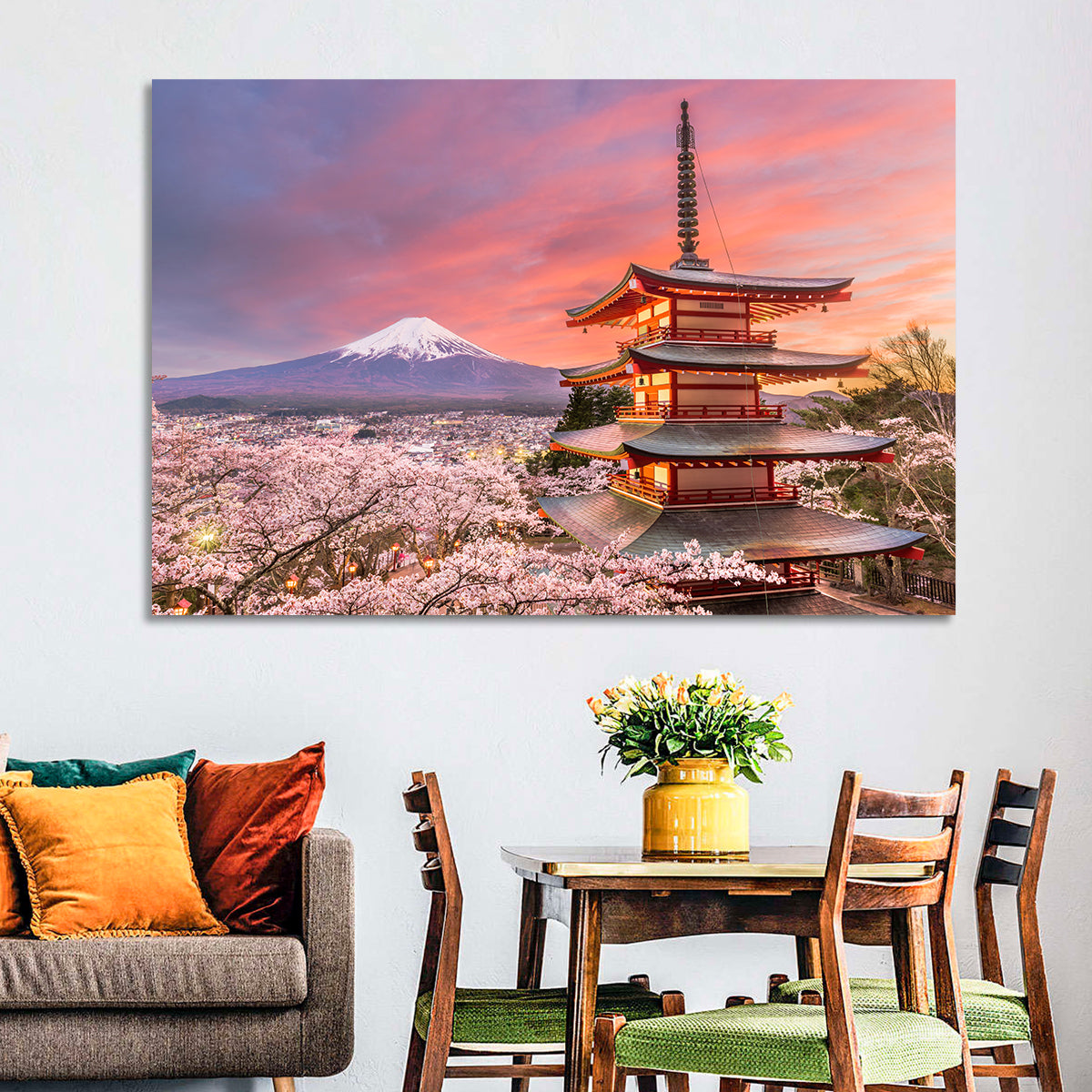 Chureito Pagoda and Mount Fuji at Sunset Wall Art