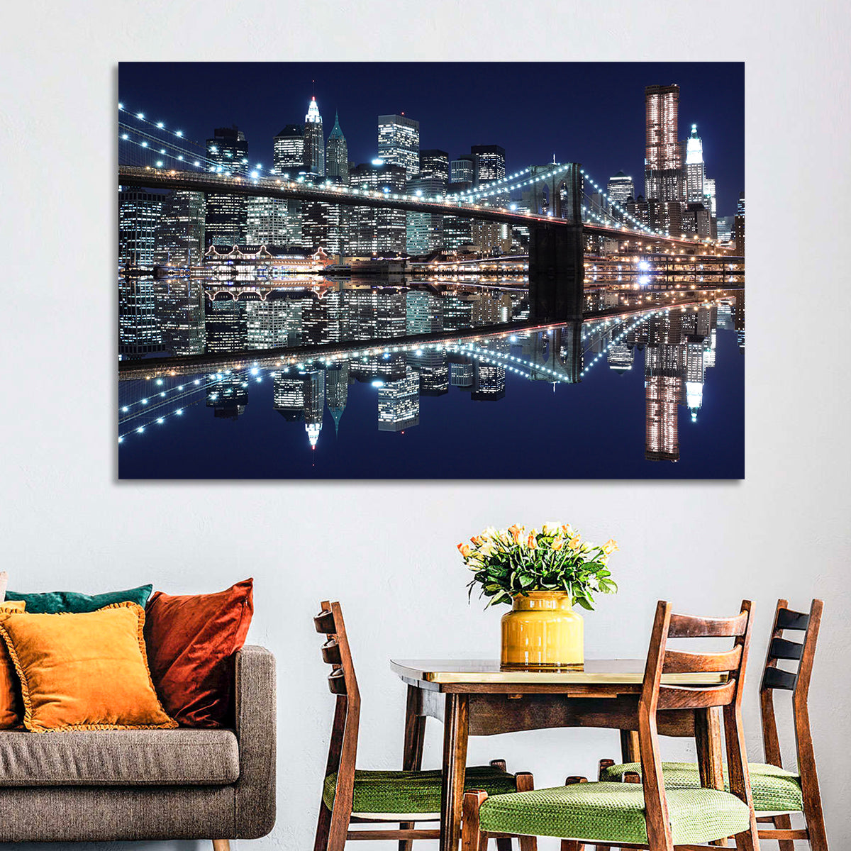 Brooklyn Bridge Symphony at Night Wall Art in a room, landscape