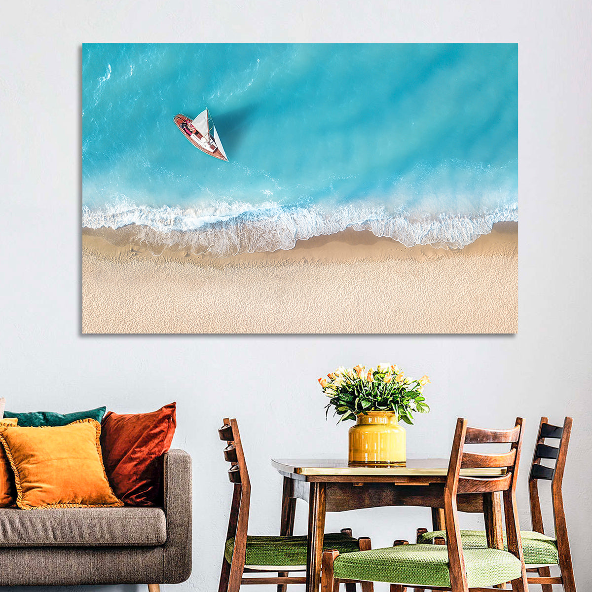 Centered Sailboat Over Turquoise Sea Wall Art in a room, landscape